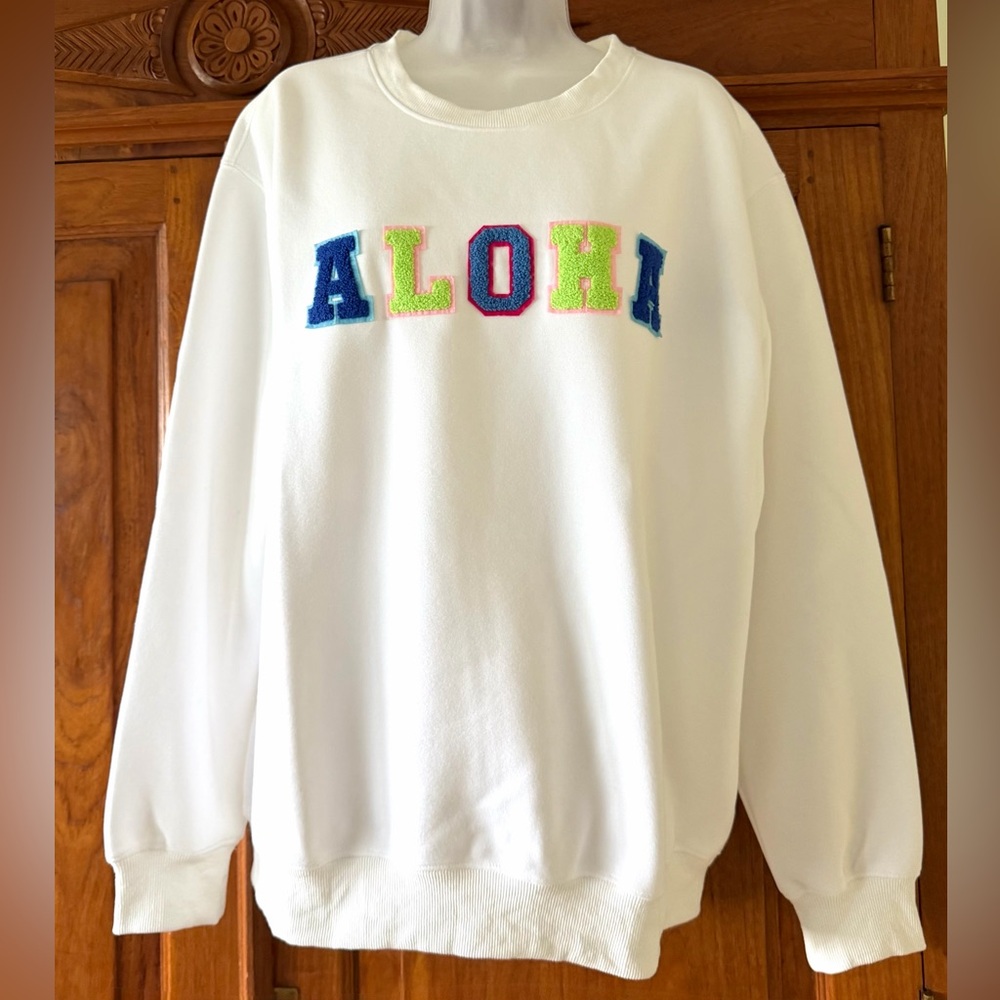 ALOHA White Sweatshirt with Colorful ALOHA Letters